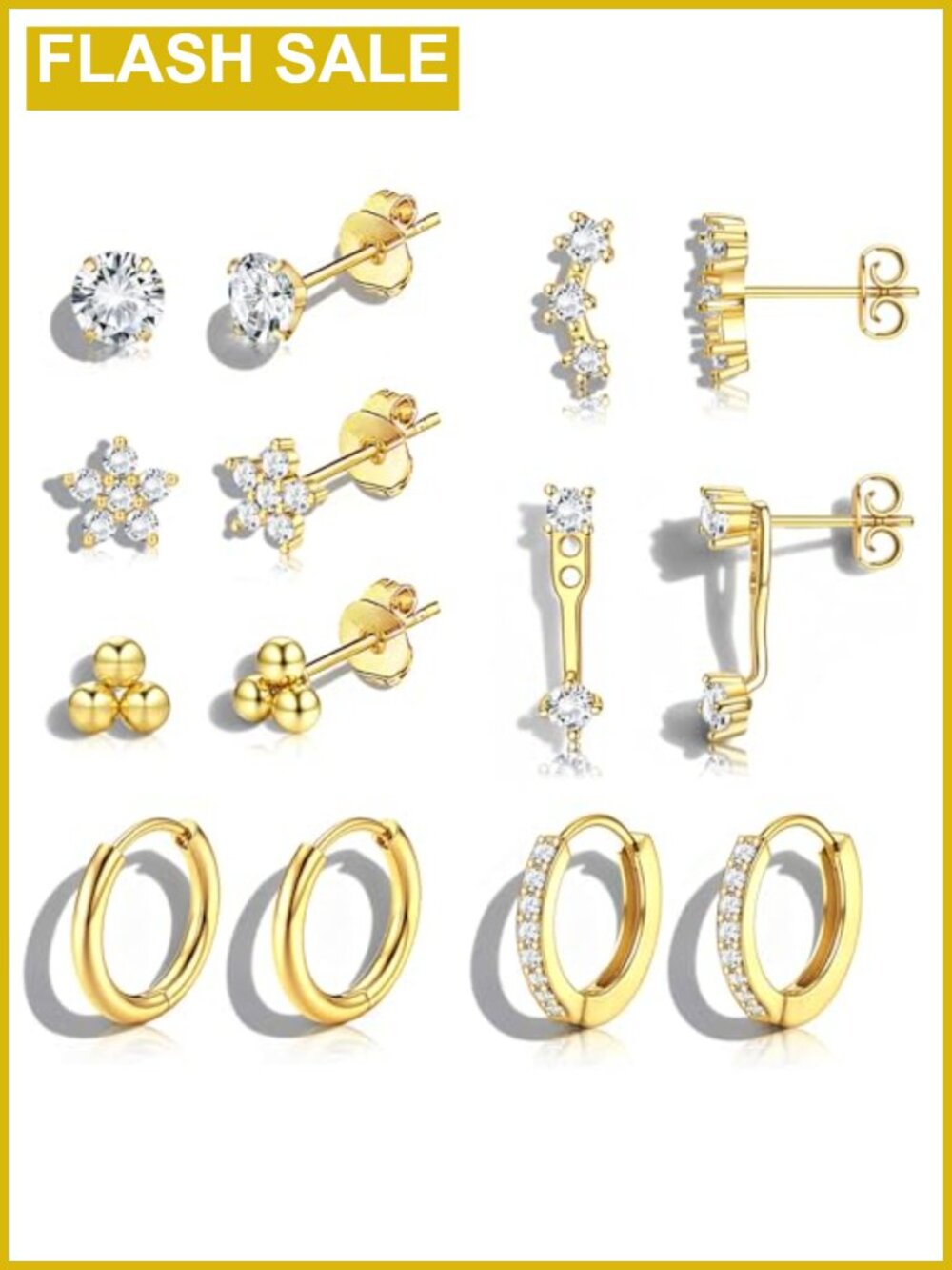 14K Gold Plated Hypoallergenic Earring Stacks Set for Women 7 Pairs Stainless